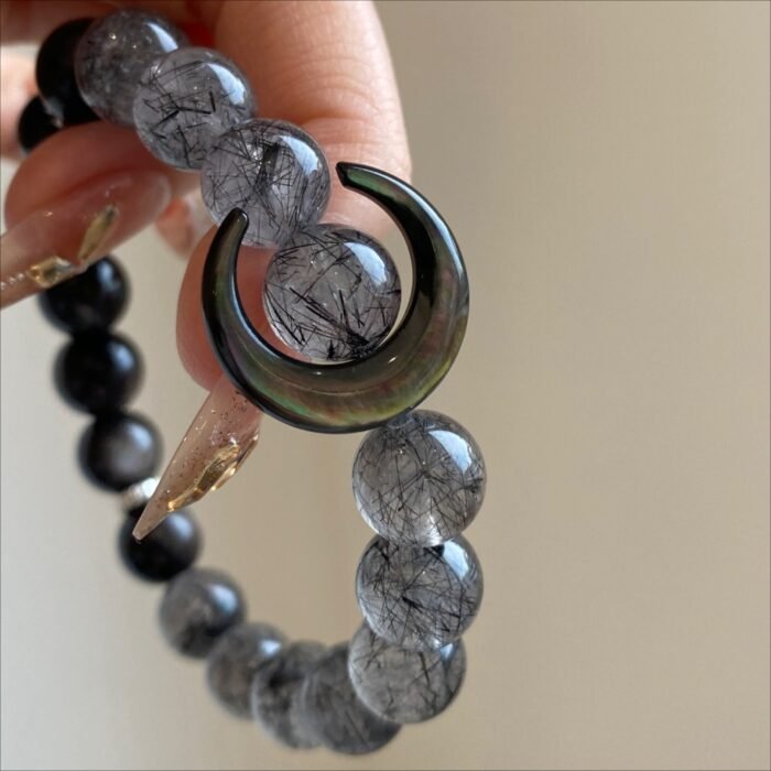 Natural Black Rutilated Quartz & Silver Obsidian Moon Bracelet | Ethnic Style Protection & Spiritual Jewelry - Image 5