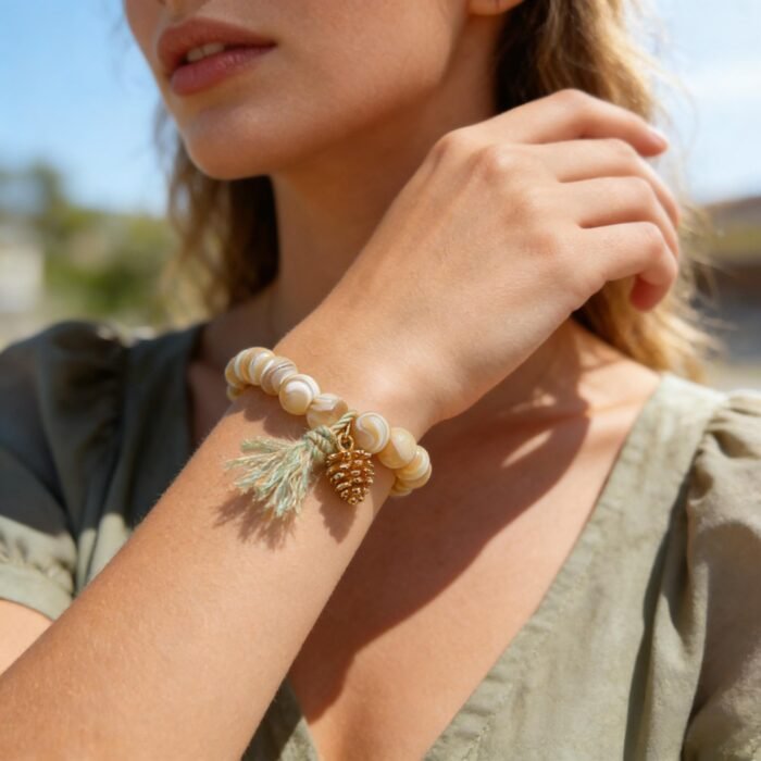 Natural Milk Tea Trochus Shell Bead & Pinecone Charm Bracelet | Ocean-Inspired Healing & Abundance Jewelry - Image 3