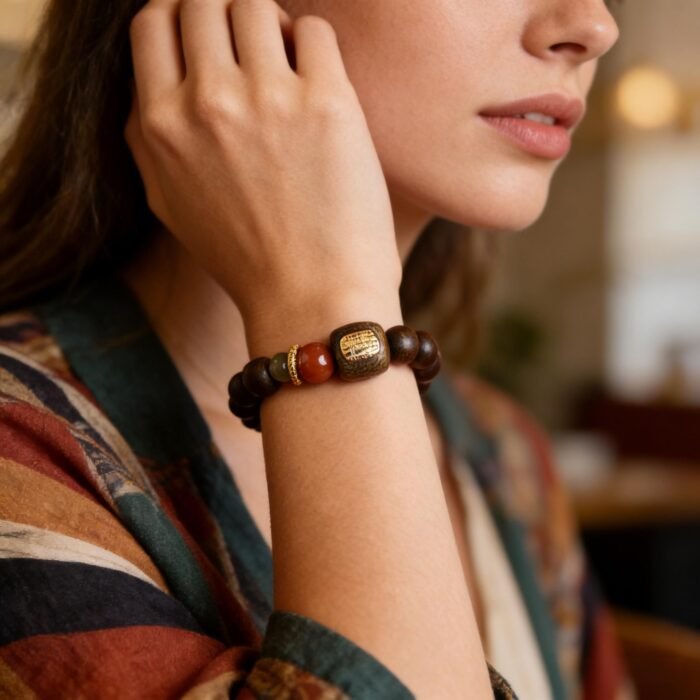 Premium Meditation Agarwood Bracelet 8mm – Handcrafted Wild "Jadeized Nine" Beads with Red Agate Accent | Calm, Abundance & Root Chakra Grounding Jewelry - Image 4