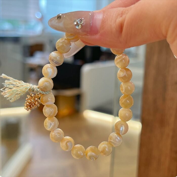 Natural Milk Tea Trochus Shell Bead & Pinecone Charm Bracelet | Ocean-Inspired Healing & Abundance Jewelry - Image 5