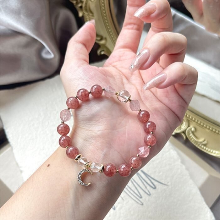 Natural Strawberry Quartz & Clear Quartz with Moon Zircon Bracelet | Love, Charm & Positive Energy Jewelry - Image 4