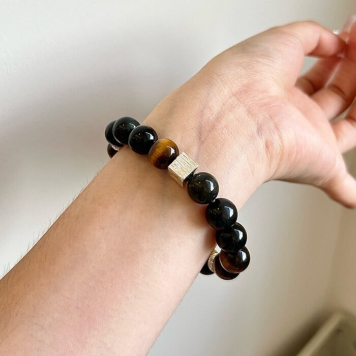 Natural Obsidian, Tiger's Eye & Red Copper Rutilated Quartz Bracelet | Protection, Courage & Prosperity Jewelry - Image 3