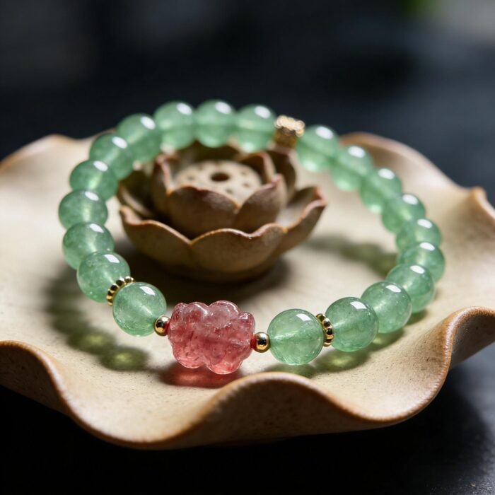 Natural Red & Green Strawberry Quartz with Pixiu Bracelet | Love, Prosperity & Protection Jewelry - Image 2