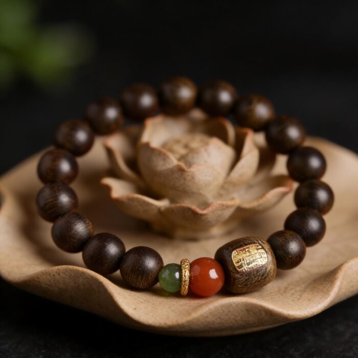 Premium Meditation Agarwood Bracelet 8mm – Handcrafted Wild "Jadeized Nine" Beads with Red Agate Accent | Calm, Abundance & Root Chakra Grounding Jewelry - Image 2