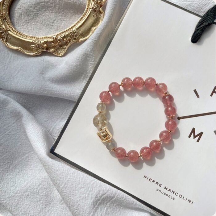 Natural Strawberry Quartz, Golden Rutilated Quartz & Grey Moonstone Bracelet | Love, Prosperity & Intuition Jewelry - Image 7