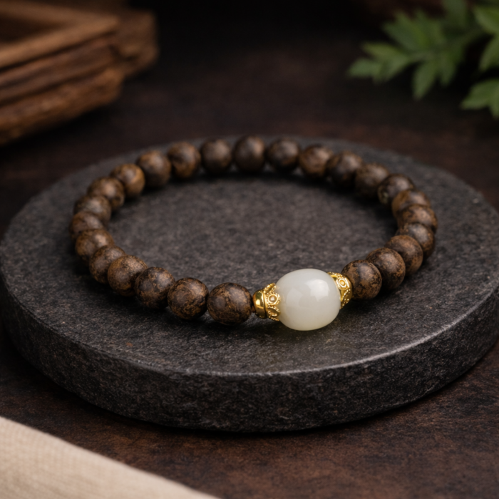 Premium Vietnamese Nha Trang White Qi Nan Agarwood Bracelet with 925 Silver Guardian Charm | Calm, Prosperity & Spiritual Protection Jewelry - Image 2