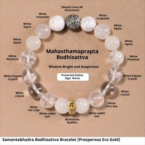 Fengshui Energy Natural Crystal Bracelet | Mahasthamaprapta Bodhisattva Pure White Crystal Bracelet, Handcrafted Oriental Folklore Jewelry for the Horse Zodiac