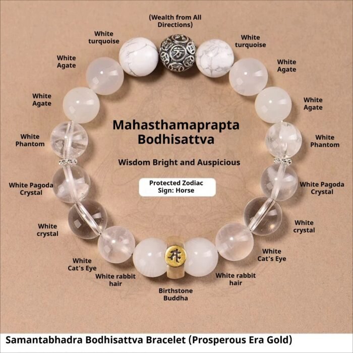 Fengshui Energy Natural Crystal Bracelet | Mahasthamaprapta Bodhisattva Pure White Crystal Bracelet, Handcrafted Oriental Folklore Jewelry for the Horse Zodiac - Image 1