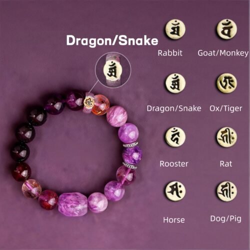 Luxury Super Seven Amethyst Zodiac Dragon Bracelet | Premium Oriental Gemstone Jewelry