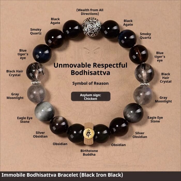 Fengshui Energy Natural Crystal Bracelet | Acala Vidyaraja Mystic Iron Black Crystal Bracelet, Handcrafted Oriental Folklore Jewelry for the Rooster Zodiac - Image 1