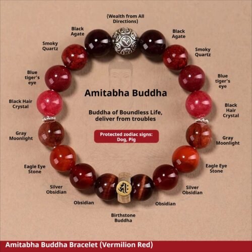 Fengshui Energy Natural Crystal Bracelet | Amitabha Buddha Crimson Red Crystal Bracelet, Handcrafted Oriental Folklore Jewelry for Dog & Pig Zodiac