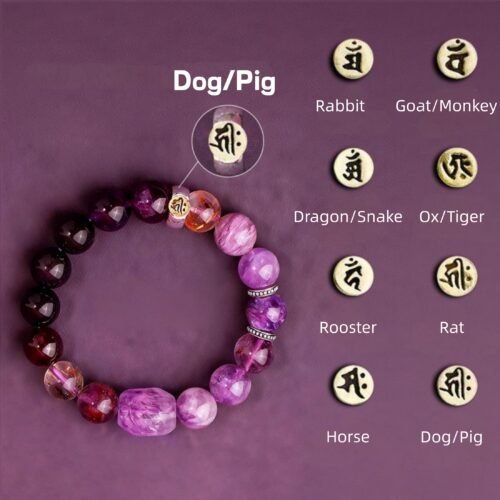 Hand-Polished Amethyst Crystal Zodiac Dog Bracelet | Premium Oriental Wearable Art