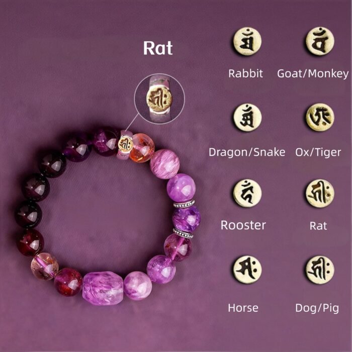 Genuine Super Seven & Amethyst Chinese Zodiac Rat Bracelet | Handcrafted Oriental Folklore Jewelry - Image 1