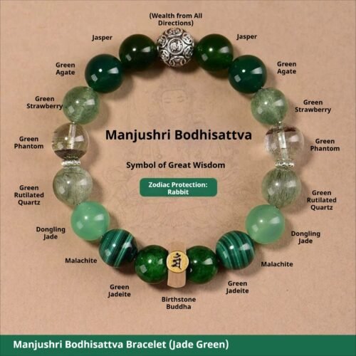 Fengshui Energy Natural Crystal Bracelet | Manjushri Bodhisattva Jade Green Crystal Bracelet, Handcrafted Oriental Folklore Jewelry for the Rabbit Zodiac