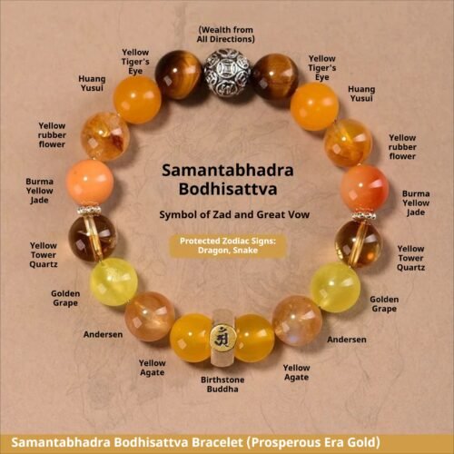 Fengshui Energy Natural Crystal Bracelet | Samantabhadra Bodhisattva Prosperous Gold Crystal Bracelet, Handcrafted Oriental Folklore Jewelry for Dragon & Snake Zodiac
