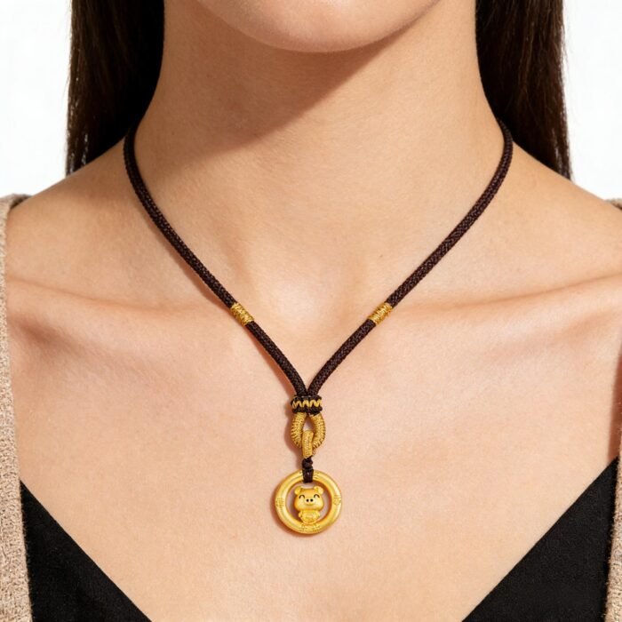Charming Chinese Zodiac Pig Pendant - Crafted Braided Cord Necklace with Stripe Safety Verification - Image 2