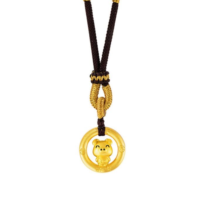 Charming Chinese Zodiac Pig Pendant - Crafted Braided Cord Necklace with Stripe Safety Verification - Image 1