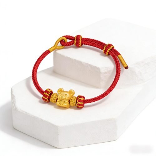 Artisan Chinese Zodiac Rat Fortune Charm Red Cord Bracelet - Stripe Secured Cultural Collectible